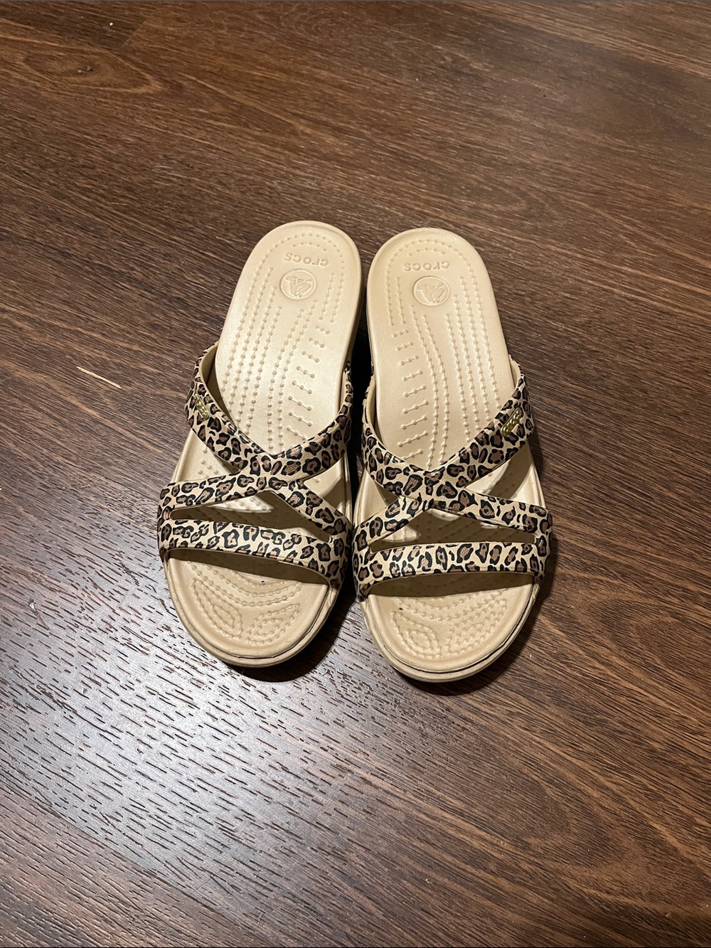 CROCS Leopard Print Strappy Slide Sandals in Beige and Brown